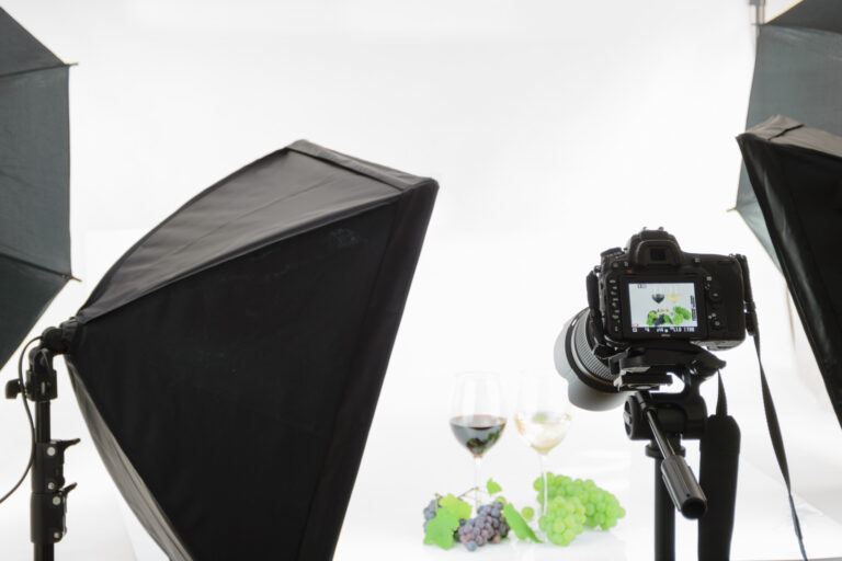 A photo of a product in a studio with a camera and lighting equipment.