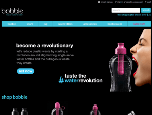 A screenshot of the homepage of the Bobble water bottle website. The website sells reusable water bottles.