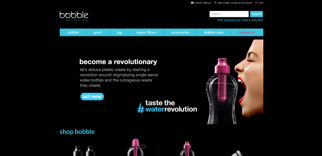 A screenshot of the homepage of the Bobble water bottle website. The website sells reusable water bottles.
