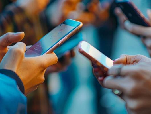 A group of people of various ages and races standing close together looking at their cell phones.