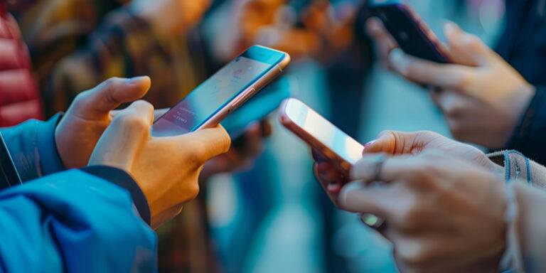 A group of people of various ages and races standing close together looking at their cell phones.