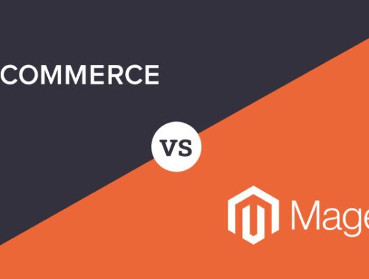 Logos of BigCommerce and Magento on a black and orange background. The text "BigCommerce" is above the Magento logo and "VS" is in between the two logos.