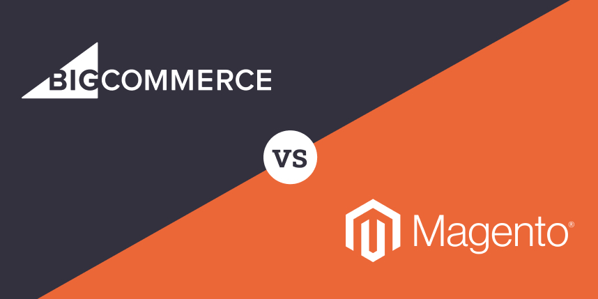 Logos of BigCommerce and Magento on a black and orange background. The text "BigCommerce" is above the Magento logo and "VS" is in between the two logos.