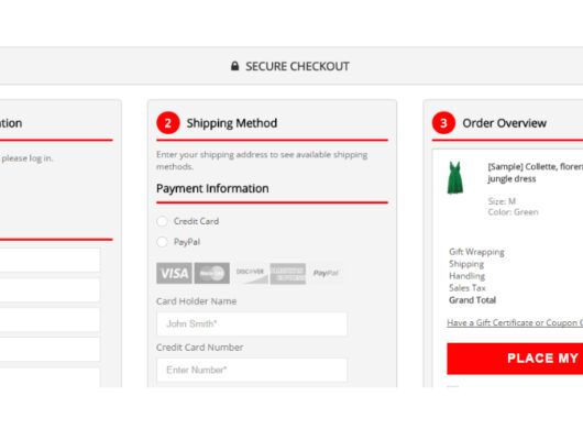 Screenshot of a clothing store checkout page showing customer information, shipping method selection, and order overview.