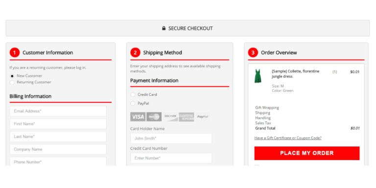 Screenshot of a clothing store checkout page showing customer information, shipping method selection, and order overview.