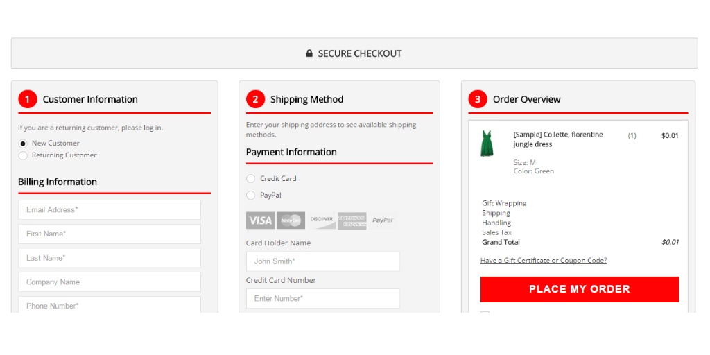 Screenshot of a clothing store checkout page showing customer information, shipping method selection, and order overview.