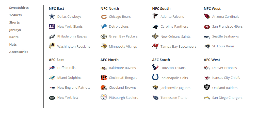 A list of all the National Football League (NFL) teams categorized by division and clothing type (sweatshirts, t-shirts, shorts, jerseys, pants, hats, accessories)