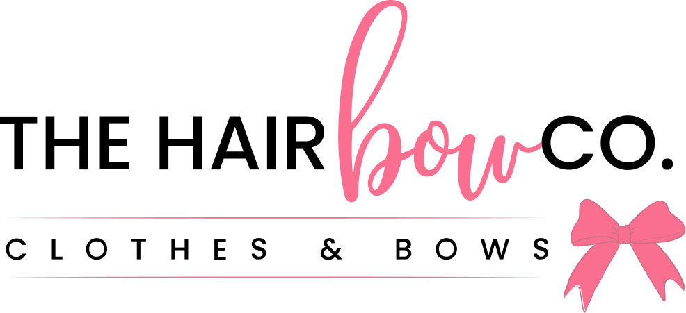 Logo for The Hair Bow Co., a clothing and bows store. The logo features a pink bow and black text.