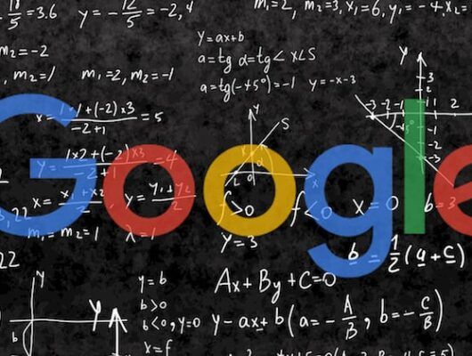 A black blackboard with the Google logo drawn in colored chalk. Below the logo are mathematical equations in white chalk