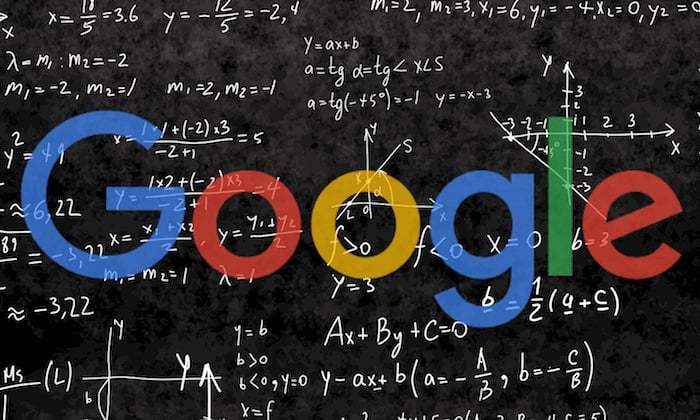 A black blackboard with the Google logo drawn in colored chalk. Below the logo are mathematical equations in white chalk