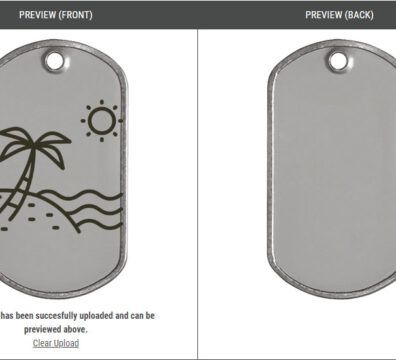 A preview of a military dog tag with a beach scene on the front. The back of the tag is blank.