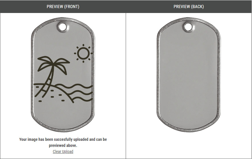 A preview of a military dog tag with a beach scene on the front. The back of the tag is blank.