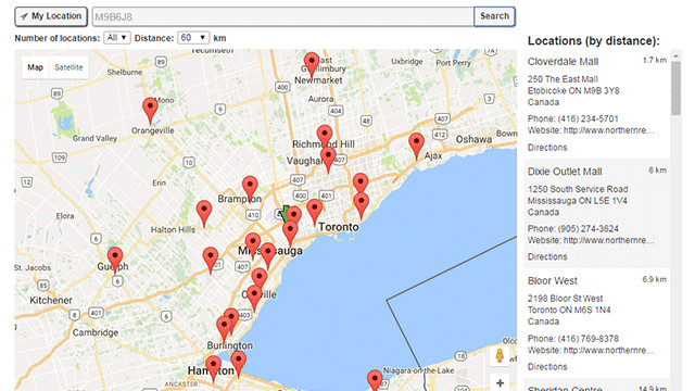 Map showing multiple store locations across the Greater Toronto Area with red markers indicating each store's position. A search bar and options to filter by distance are included.