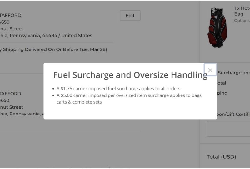Fuel Surcharge and Oversize Handling Fees Popup Message in Checkout