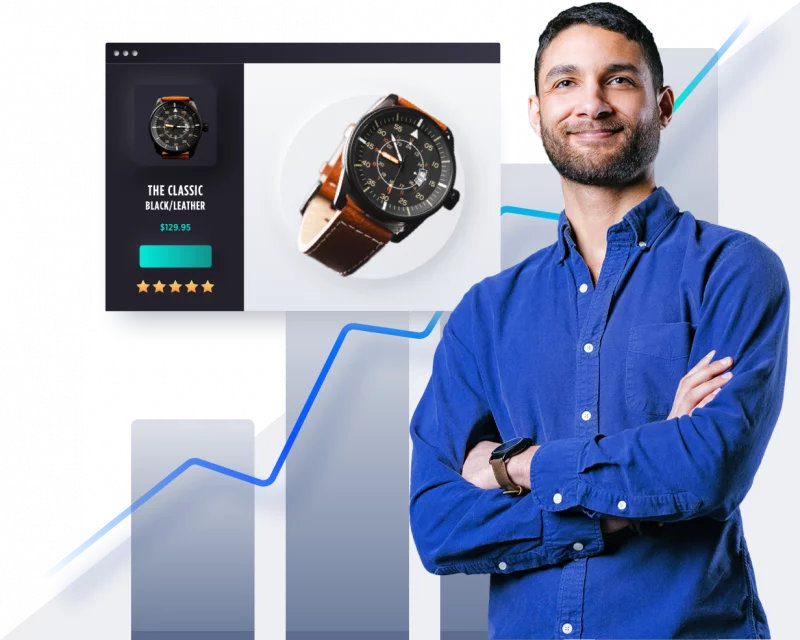 Ecommerce Concept - Man folding arms in front of growth chart background with product page mockup