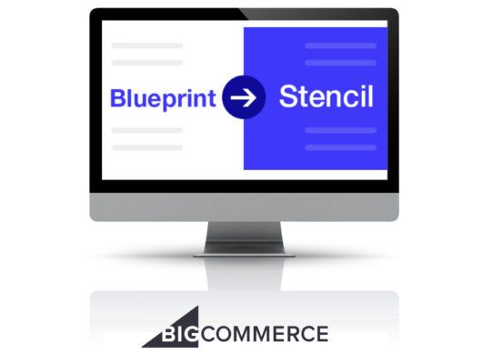 Desktop monitor showing one half "Blueprint" text with arrow pointing to "Stencil" on other half of screen - BigCommerce logo on bottom - white background