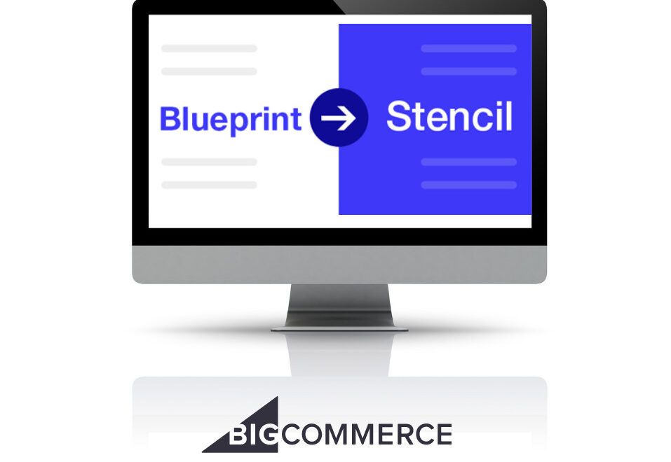 Desktop monitor showing one half "Blueprint" text with arrow pointing to "Stencil" on other half of screen - BigCommerce logo on bottom - white background