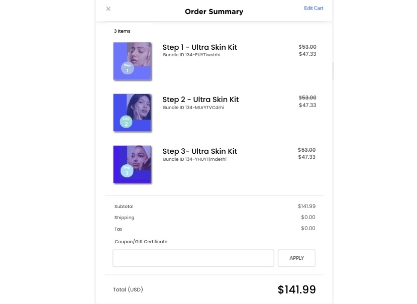 Order Summary Cart View of Ultra Skin Kit Product Bundle