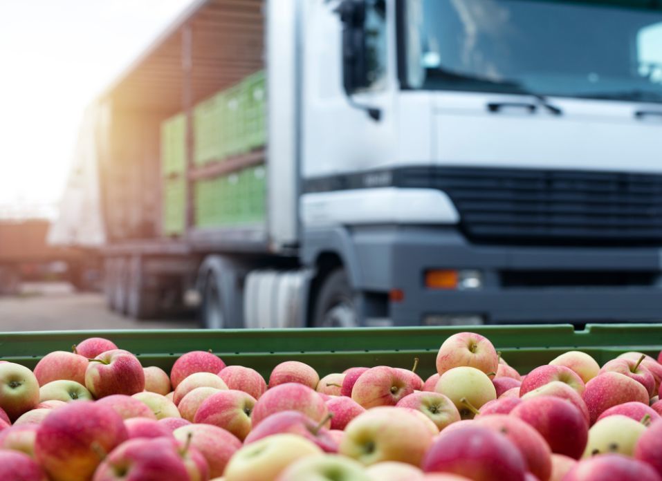 truck loaded for shipment next to red and green colored apples in forefront