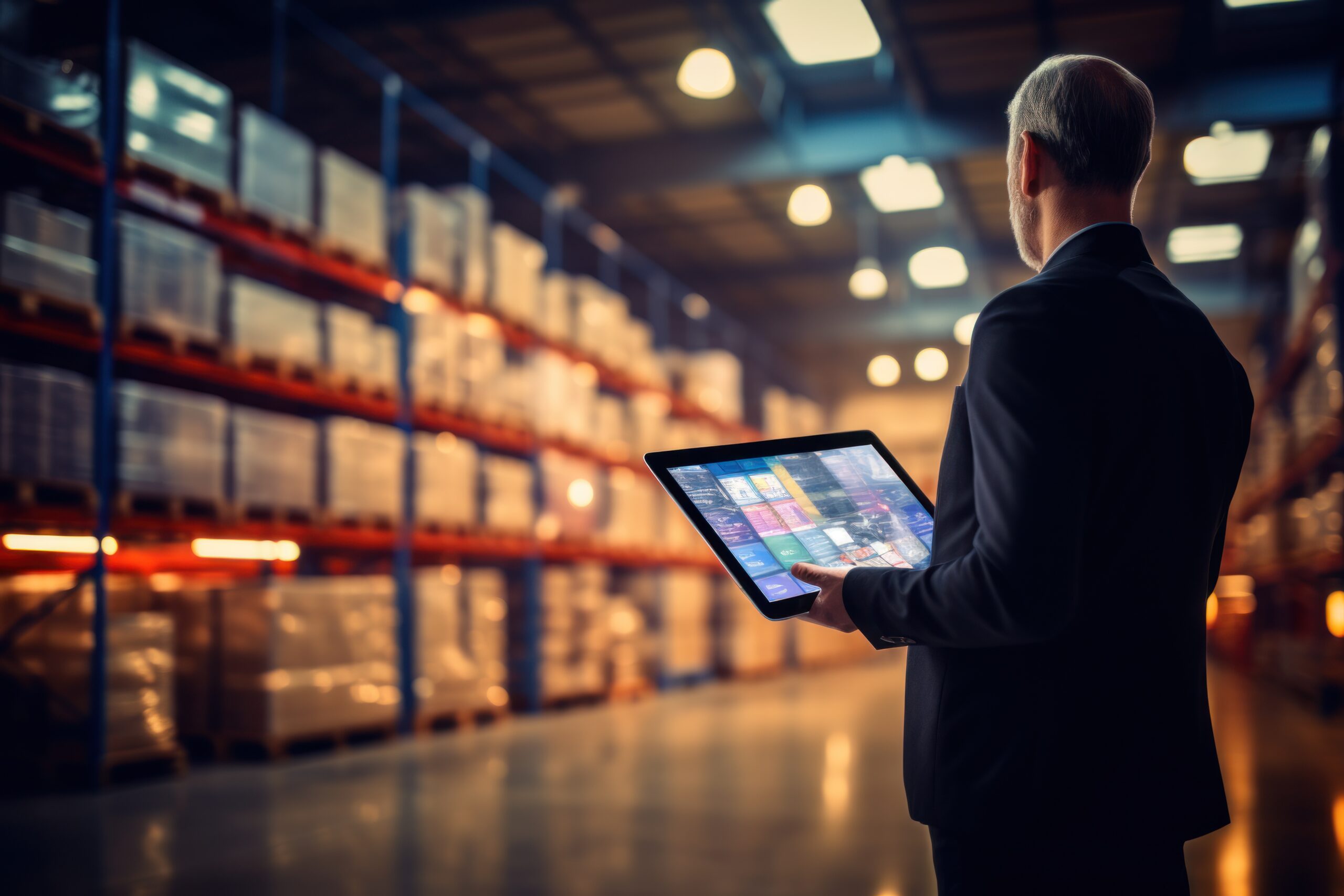 Smart warehouse, inventory management system concept, a manager using digital tablet showing warehouse software management dashboard on the blurred warehouse as background