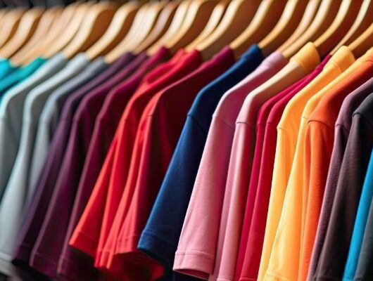 colorful tshirts hanging on a clothing rack - BigCommerce Product Options for Bulk Ordering