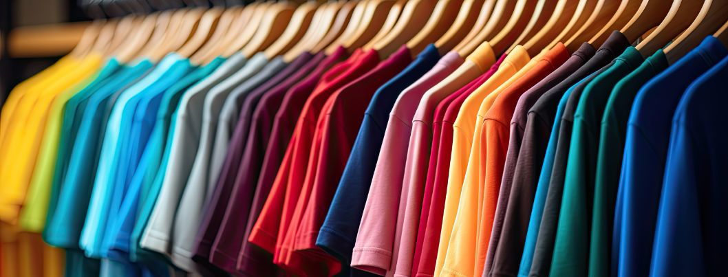 colorful tshirts hanging on a clothing rack - BigCommerce Product Options for Bulk Ordering