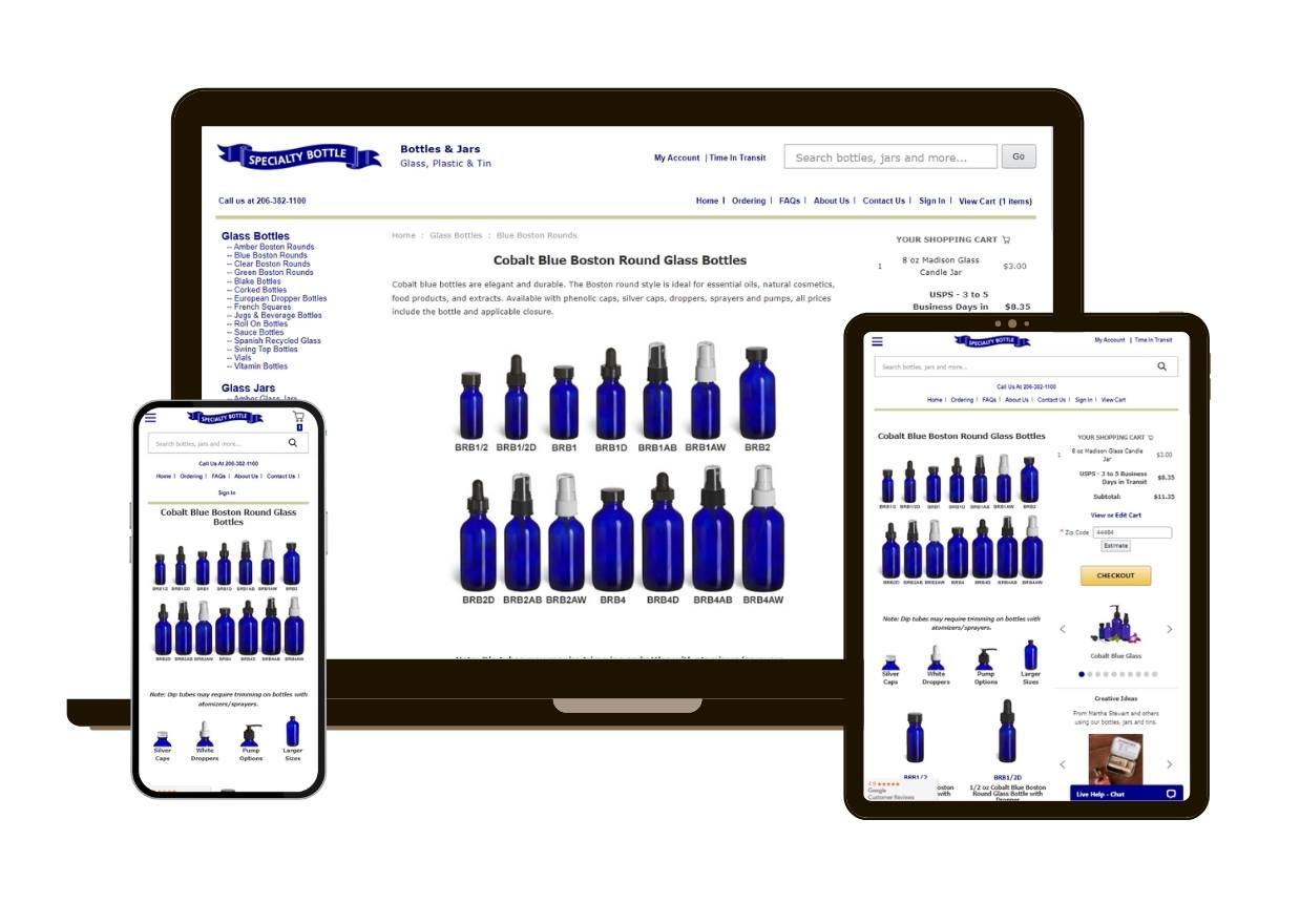 A website displaying a variety of bottles and containers on a laptop and tablet computer