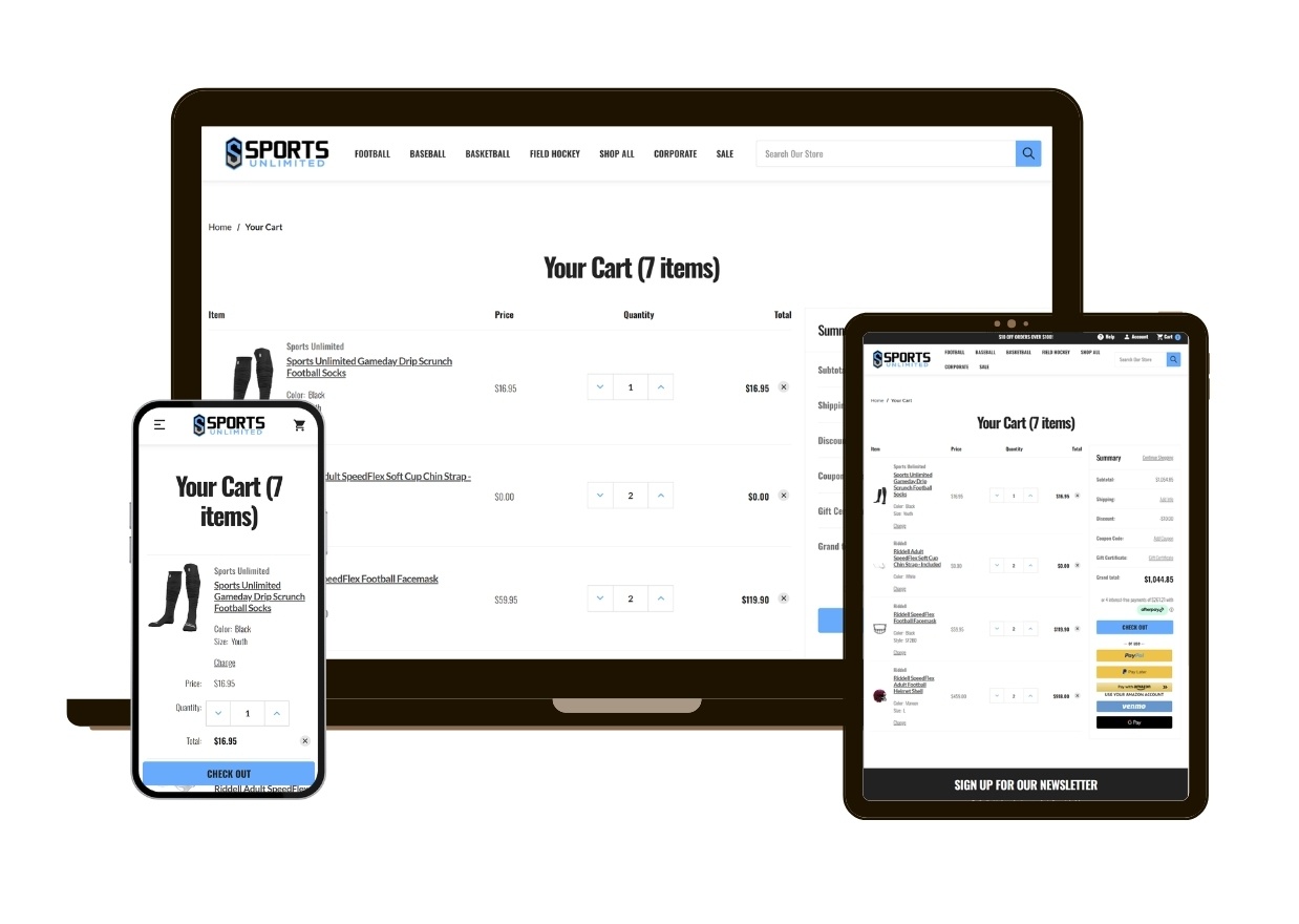 Multi device mockup with Sportsunlimitedinc.com Cart page showing on screens
