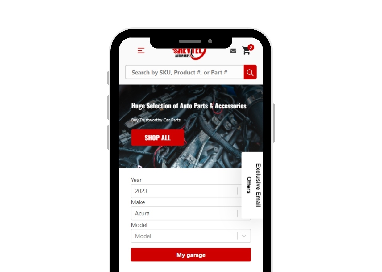 Revtecautoparts.com Make Model Year finder on mobile device mockup