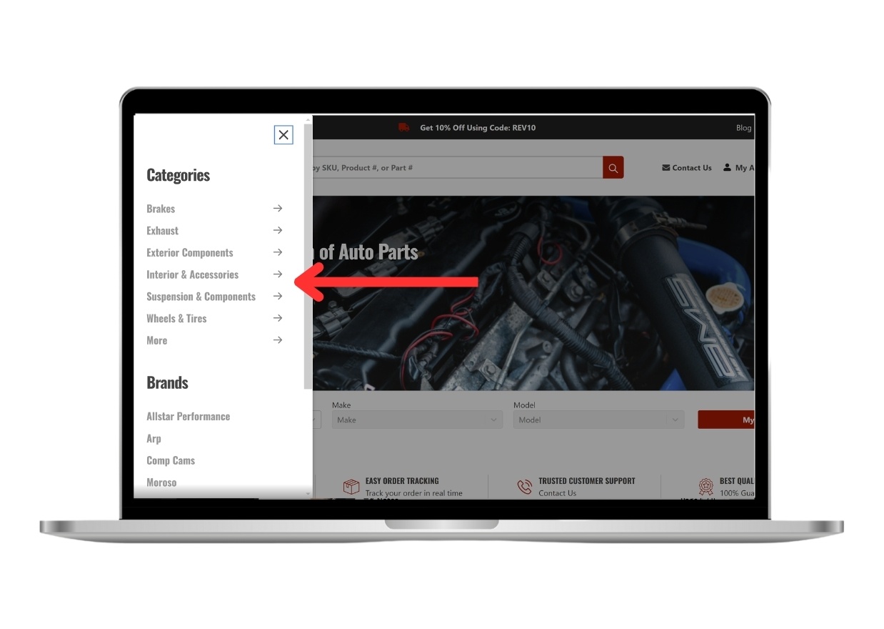 laptop mockup showing slide out menu design for Revtecautoparts.com