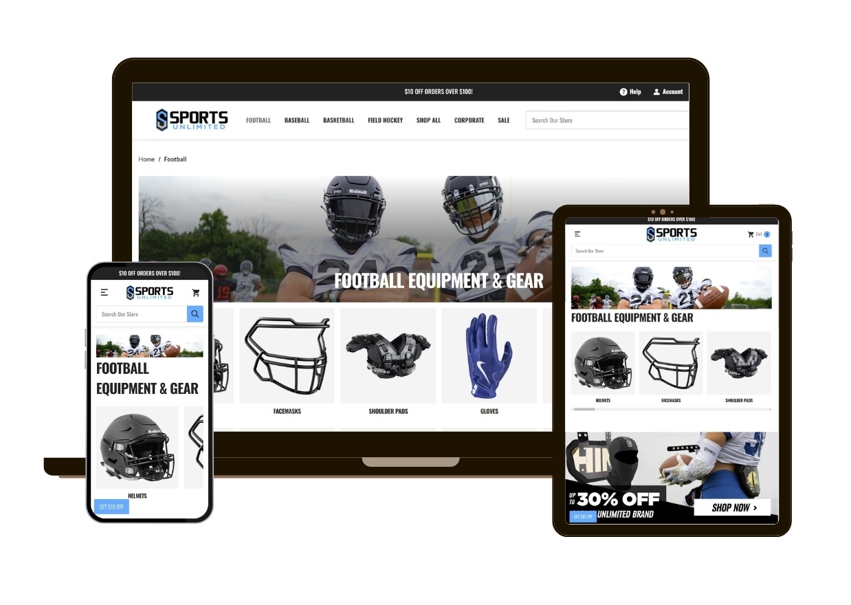 Multi device mockup with Sportsunlimitedinc.com Category Page showing on screens