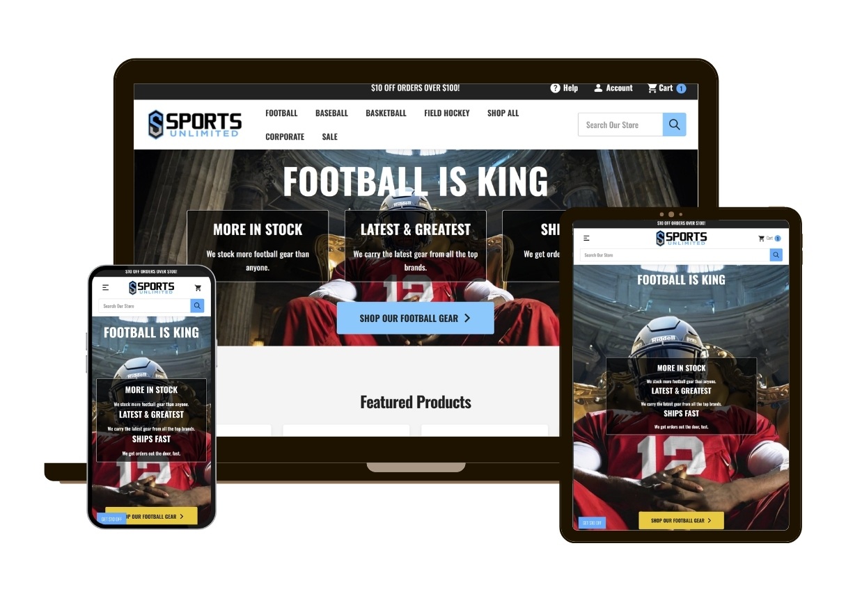 Multi device mockup with Sportsunlimitedinc.com homepage showing on screens