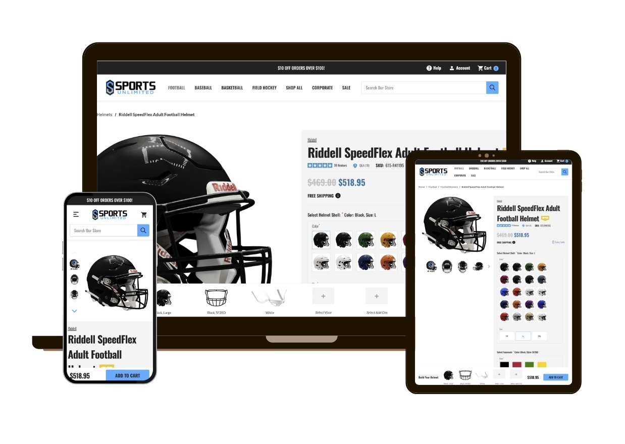 Multi device mockup with Sportsunlimitedinc.com Product page showing on screens