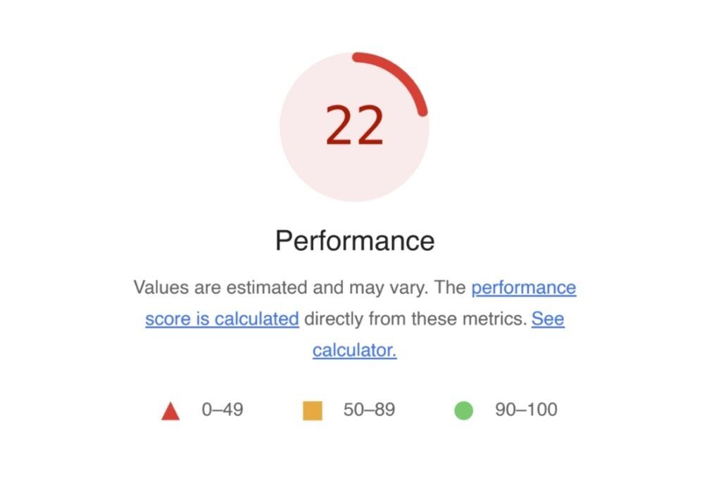 Lighthouse Performance score of 22 before BigCommerce optimization work