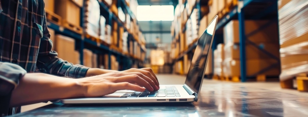 A warehouse worker types on a laptop, likely managing inventory or completing tasks related to order fulfillment within a large distribution center