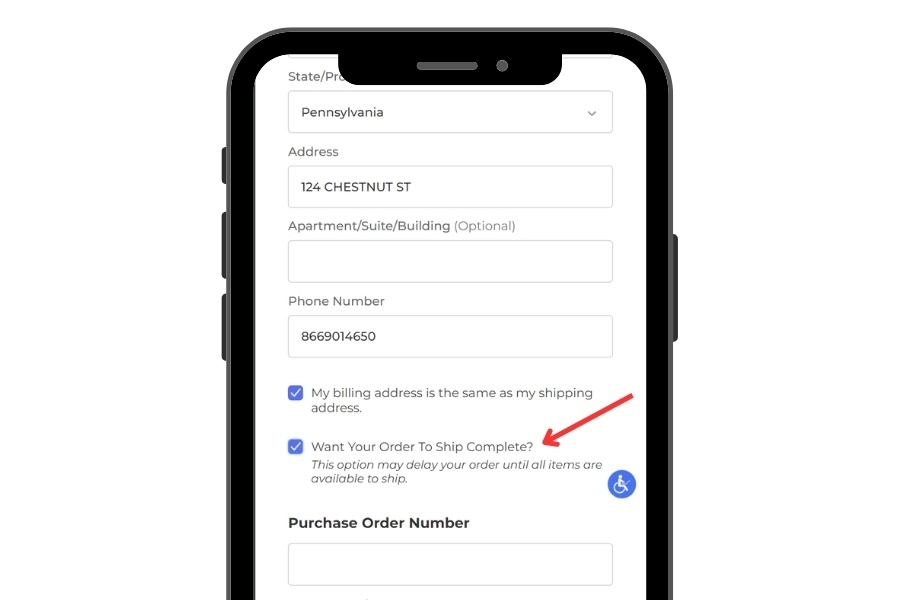 Checkout screen on mobile phone showing option with Checkbox - "Want Your Order to Ship Complete?"