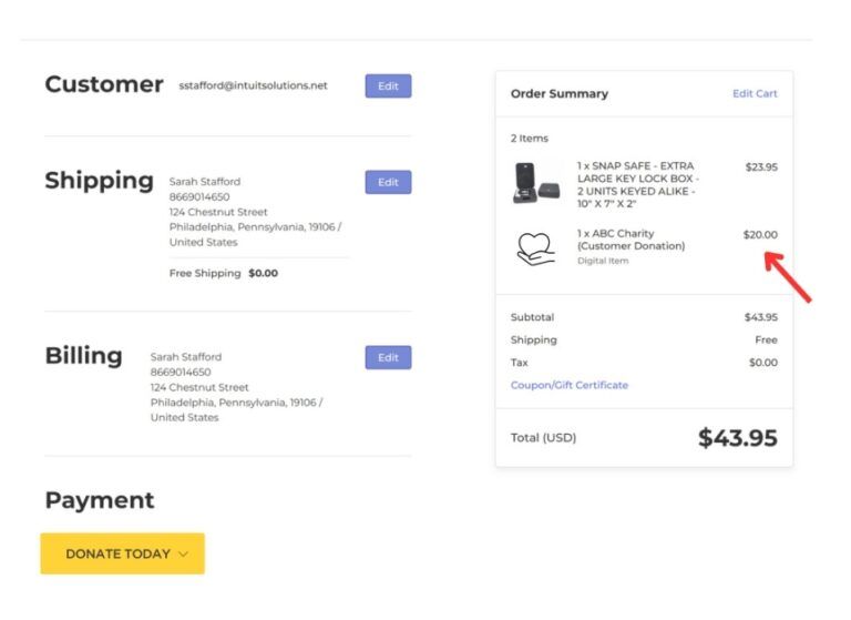 Checkout View Showing BigCommerce Donations Module in Action