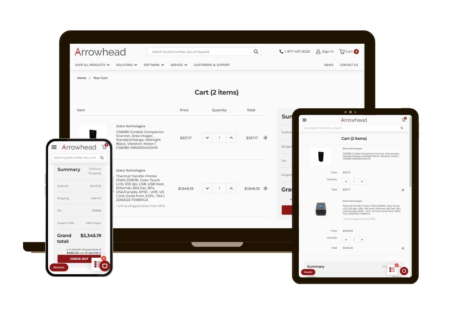 Multi device mockup with Arrowheadphx.com Cart page showing on screens