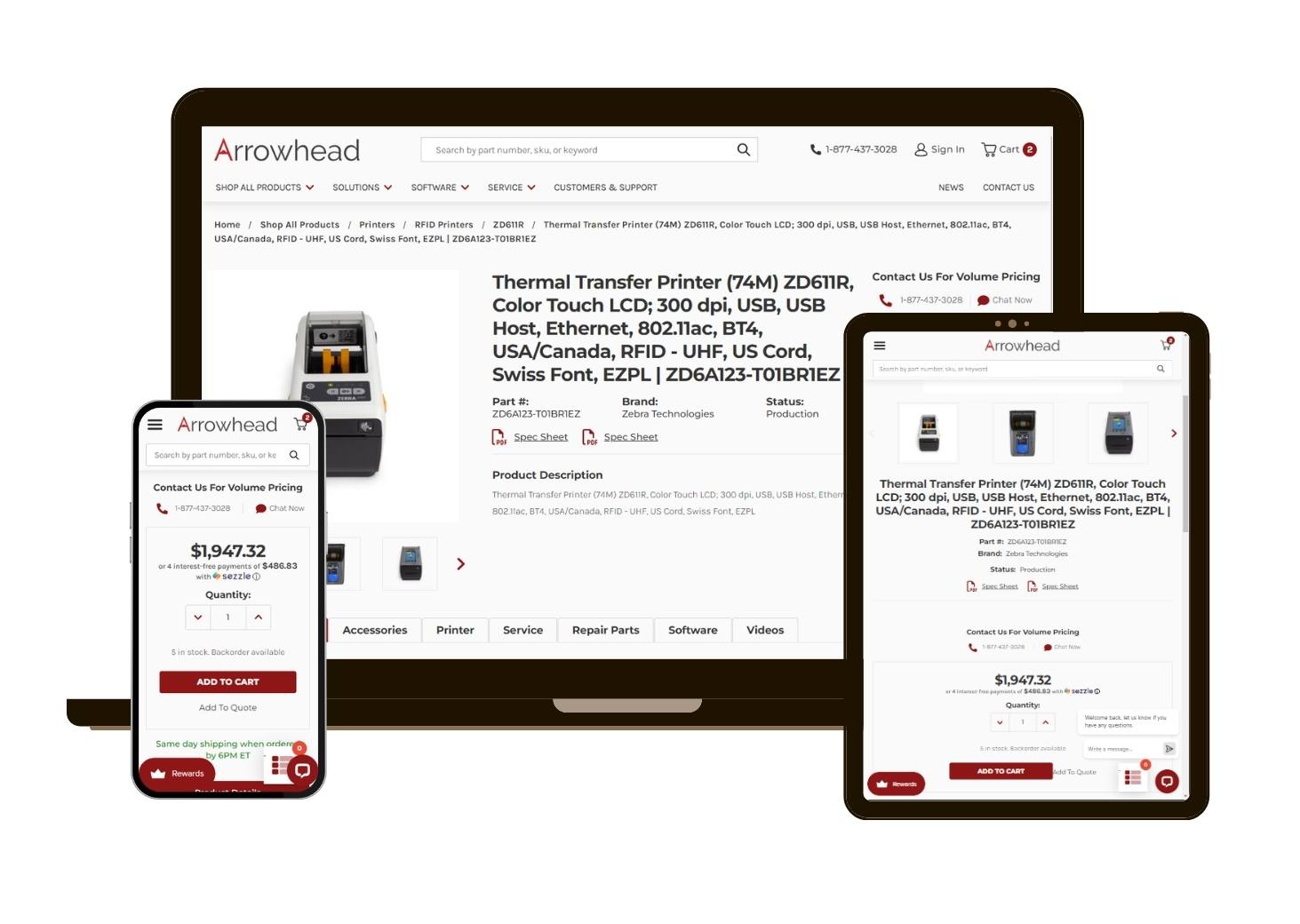 Multi device mockup with Arrowheadphx.com Product page showing on screens