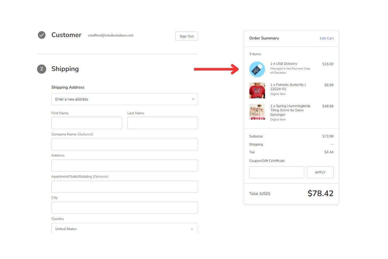 Checkout view showing USB product fee as separate line item