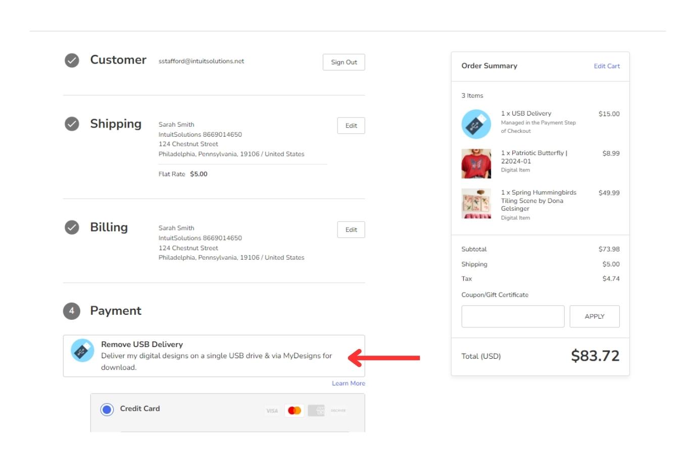 Checkout view showing ability to remove product fee