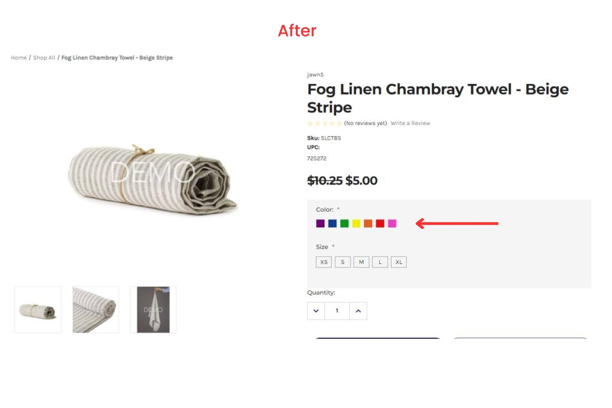 After view of the Product Detail Page with Color Options Above Size Options