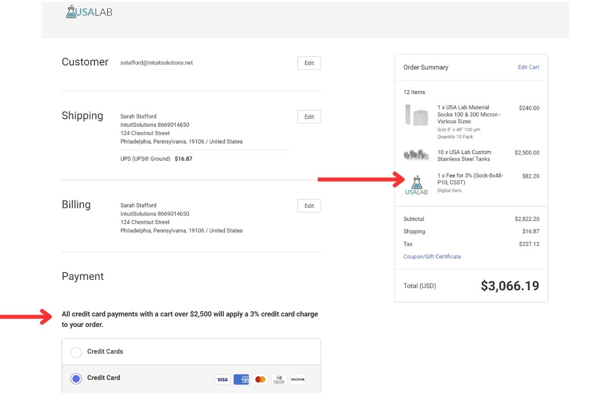 BigCommerce checkout view of charging customers payment processing fees for credit card payments