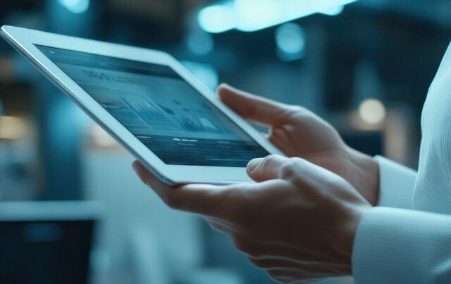 close up of woman holding tablet against blurred office background modern technology concept