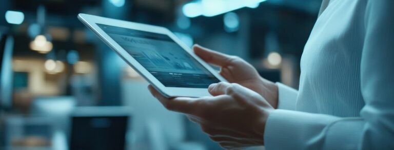 close up of woman holding tablet against blurred office background modern technology concept