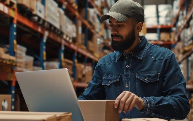 Small business owner on laptop in warehouse facility - BigCommerce B2B Solutions