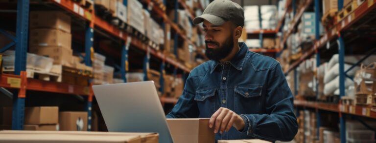 Small business owner on laptop in warehouse facility - BigCommerce B2B Solutions