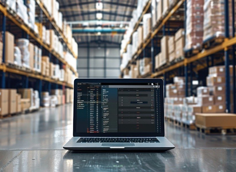 Laptop computer stored on a table in a warehouse setting