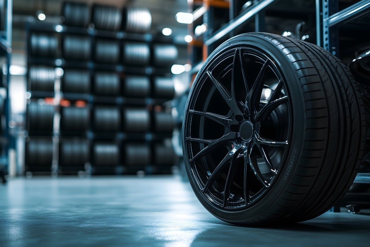 A new black tire with a stylish rim stands on the floor of an auto shop, surrounded by shelves filled with different types and sizes of tires - BigCommerce Make Model Year