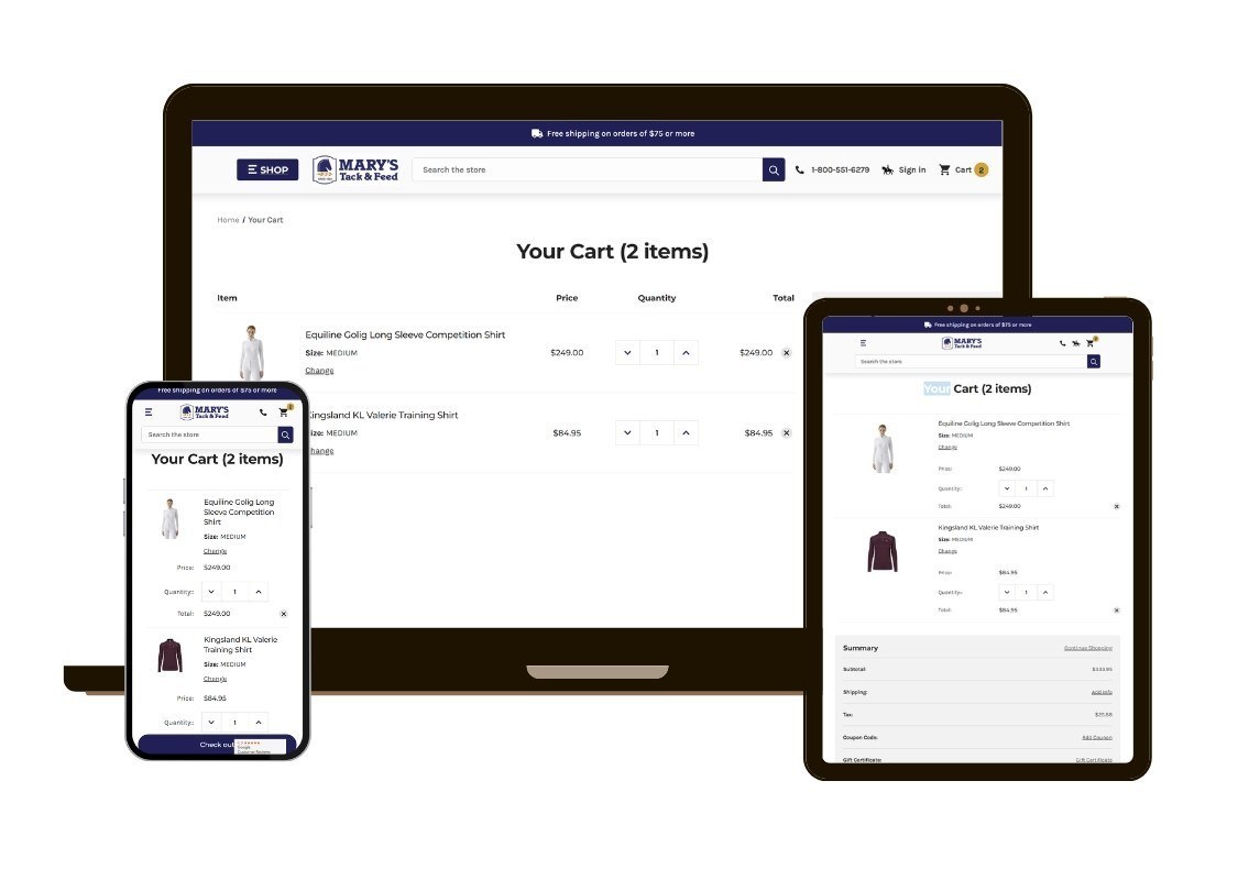 Responsive BigCommerce design mockup for Mary's Tack Cart page